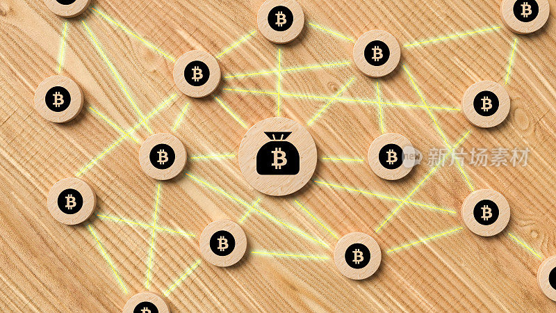 比特币网络概念与互连木片与比特币标志- 3d插图
